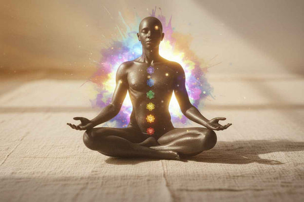 A seated human figure in a meditative pose on a light studio background, with a bright glowing light above the head and multicolored chakra symbols aligned along the body. Colorful paint splashes appear behind the figure.