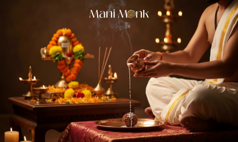 A man in traditional attire pours milk over a small Rudraksha bead on a brass plate during a Hindu energizing ritual, with a decorated Shivling and lit oil lamps in the background.ManiMonk