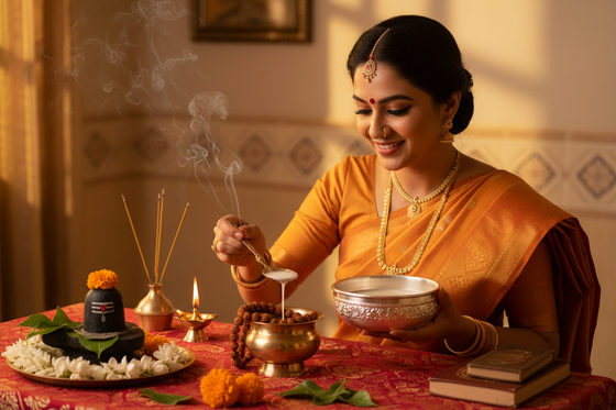 Indian woman performing Rudraksha energising ritual at home pouring Panchamrit over Rudraksha mala in brass vessel with lit diya incense and Shiva lingam on red cloth altar