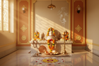 Vastu aligned Indian pooja room with Shiva lingam brass diya deity idols marigold garlands Rudraksha mala Shree Yantra conch shell and rangoli in warm golden morning light
