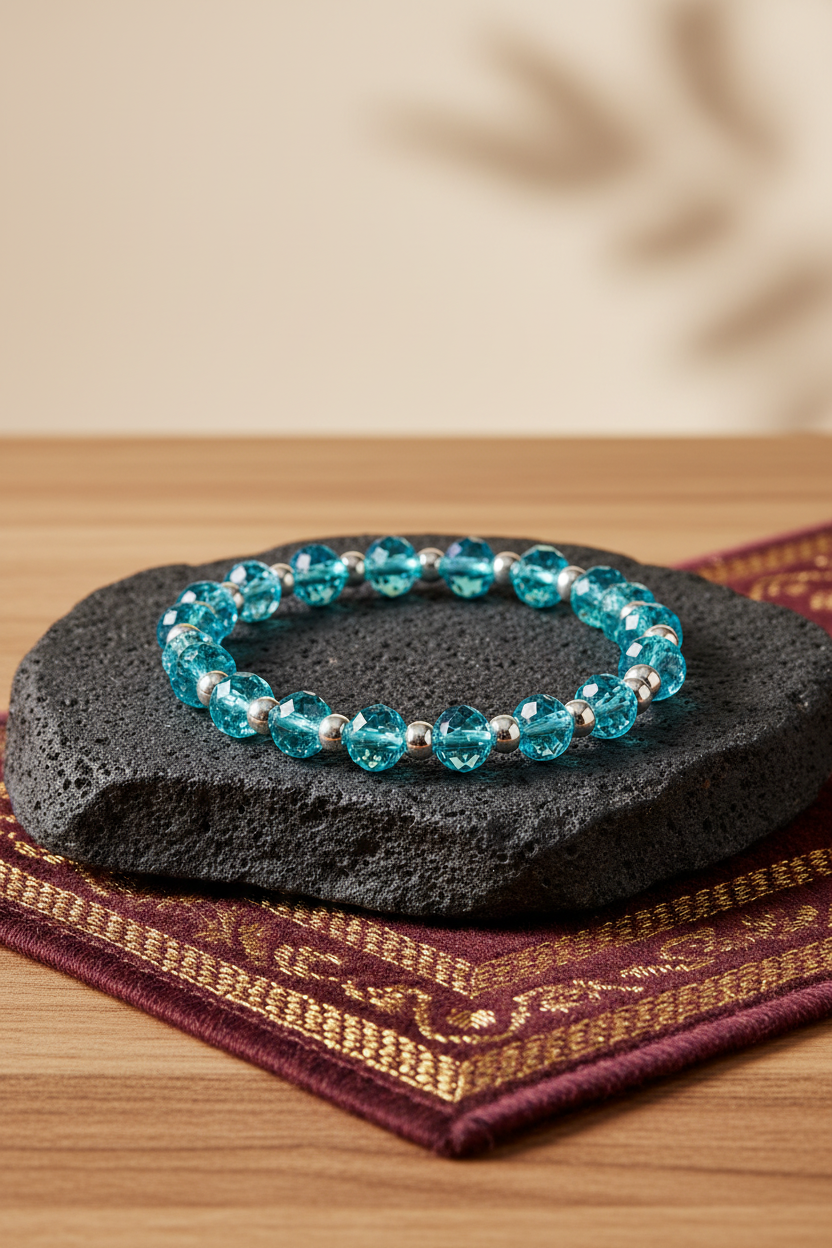 Natural Aquamarine Button Shape Bracelet with Silver Balls | Faceted Gemstone Bracelet