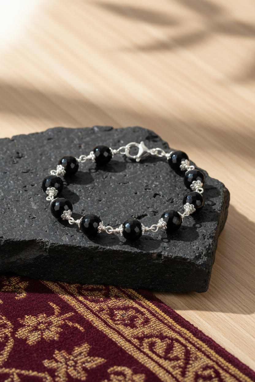 Natural Black Agate Faceted Bracelet with Pure Silver Flower Caps (10mm) | Healing & Meditation Gemstone Bracelet
