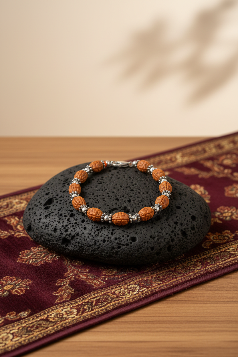 Mani Monk Moon Rudraksha Bracelet with Silver Balls & Chakri – 8 mm