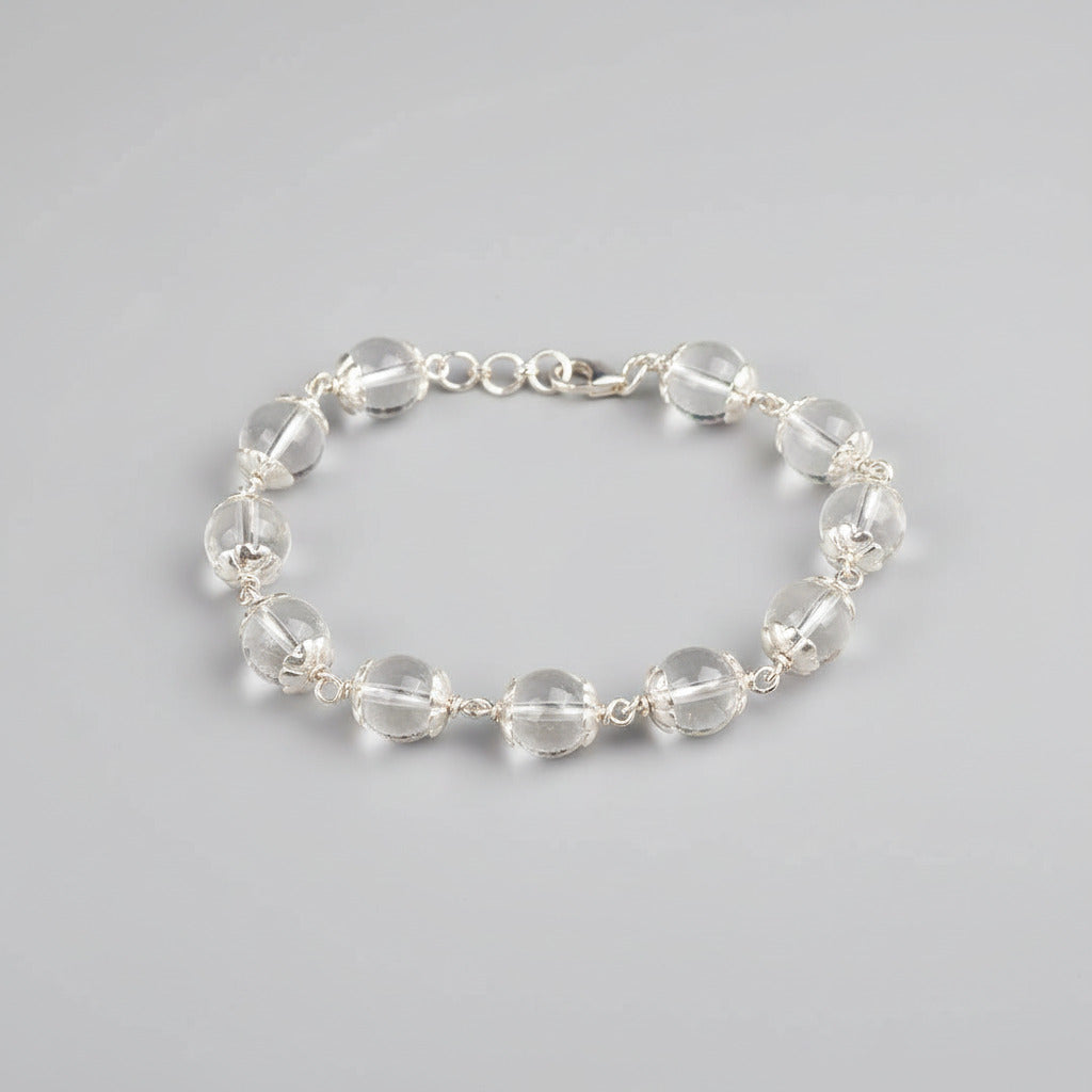 Round Sphatik Bracelet with Silver Caps & Hook-8 mm