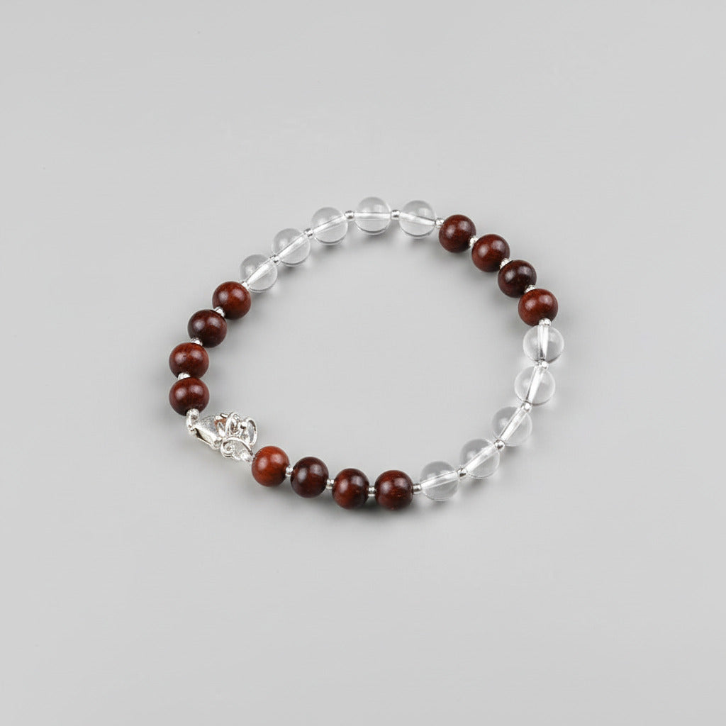 Round Sphatik & Red Sandalwood Bracelet with Silver Balls & Hook-6 mm