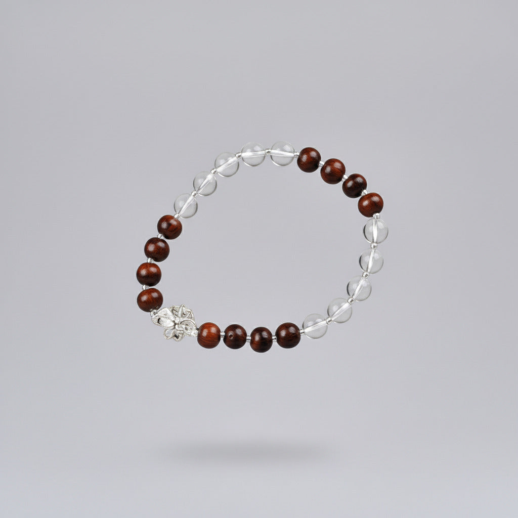 Round Sphatik & Red Sandalwood Bracelet with Silver Balls & Hook-10 mm