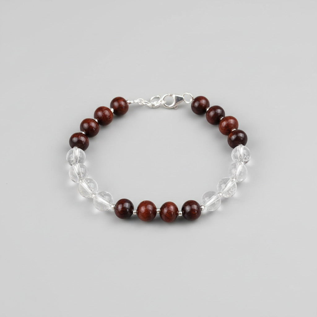 Round Sphatik & Red Sandalwood Bracelet with Silver Balls & Hook-6 mm