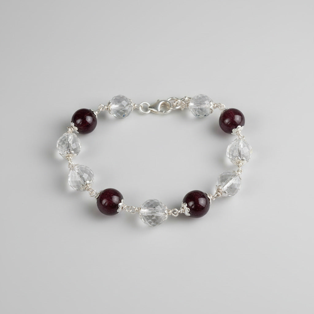 Round Faceted Sphatik & Red Sandalwood Bracelet with Silver Caps & Hook-10 mm
