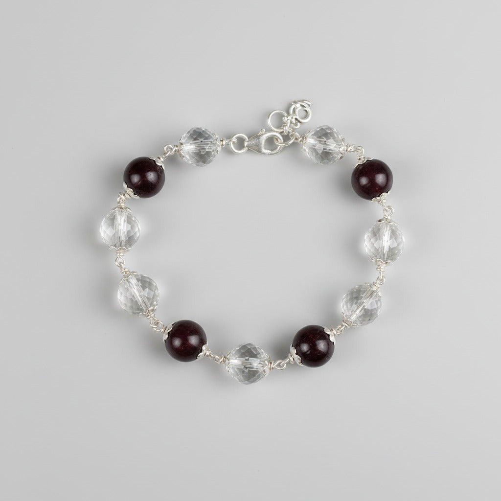 Round Faceted Sphatik & Red Sandalwood Bracelet with Silver Caps & Hook-6 mm