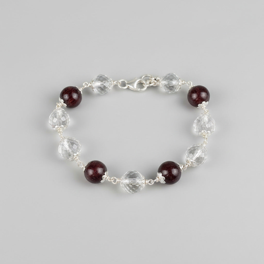 Round Faceted Sphatik & Red Sandalwood Bracelet with Silver Caps & Hook-4 mm