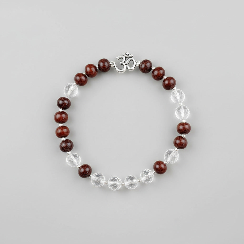 Round Faceted Sphatik & Red Sandalwood Bracelet with Silver Balls & Hook-7 mm
