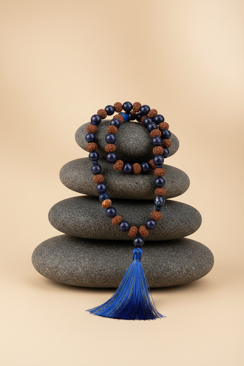 Natural Blue Sapphire & Panchmukhi Rudraksha Mala Gemstone