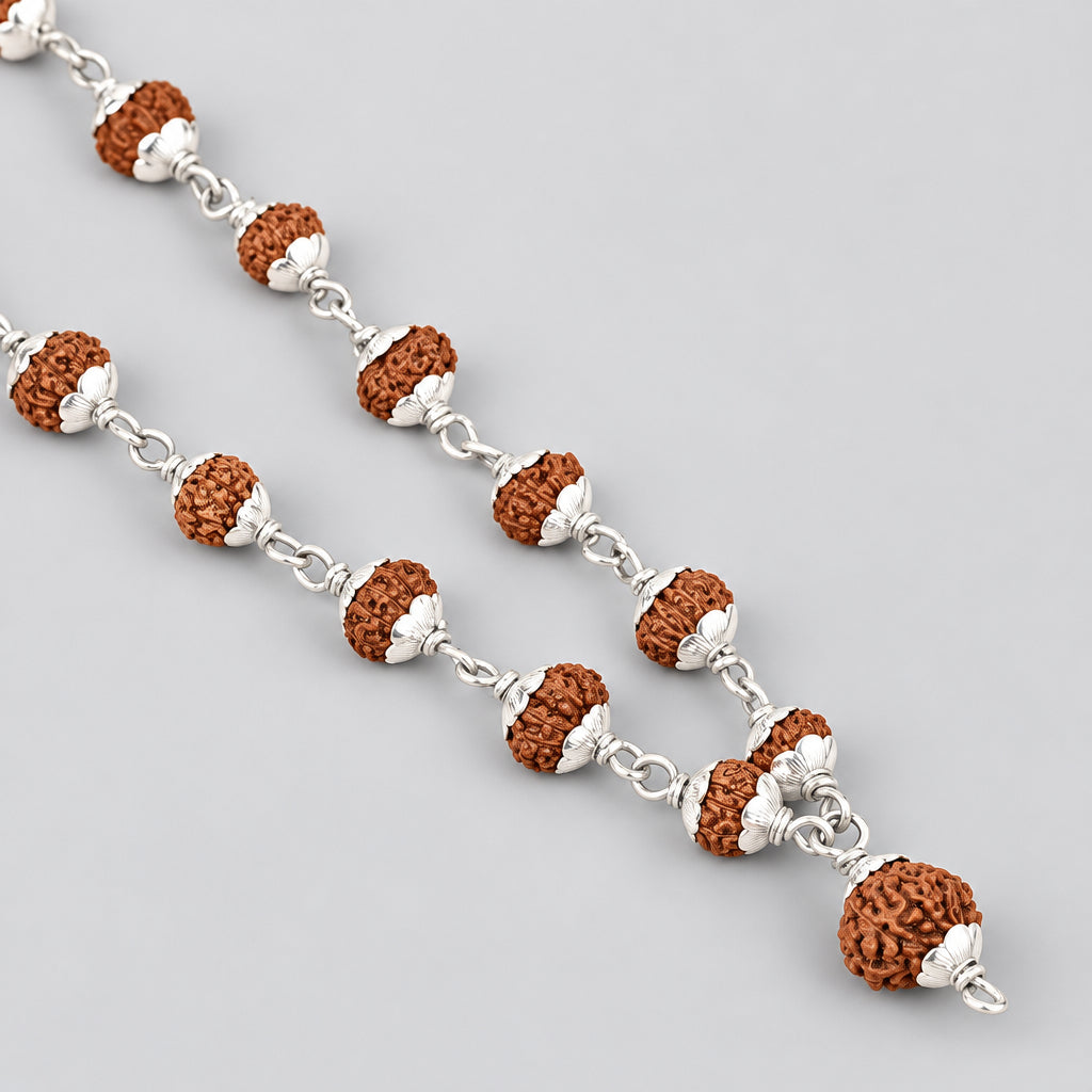 11 Mukhi Rudraksha Mala with Silver Flower Caps manimonk
