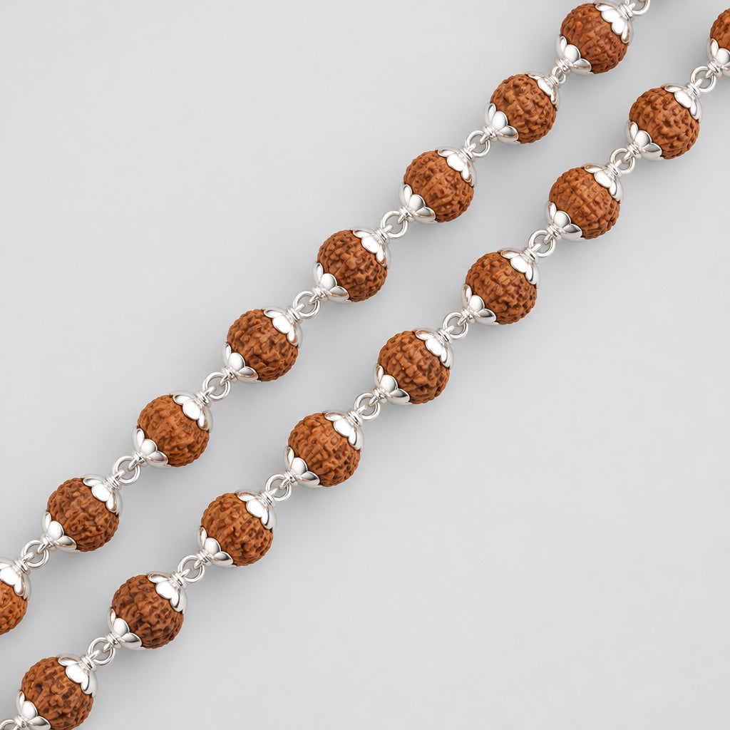 11 Mukhi Rudraksha Mala with Silver Flower Caps mani monk