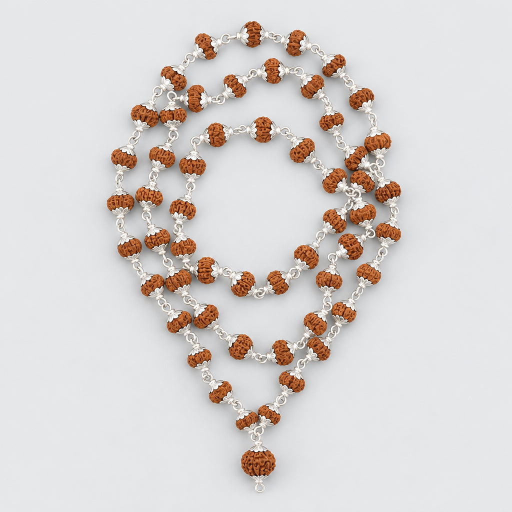 11 Mukhi Rudraksha Mala with Silver Flower Caps mani monk