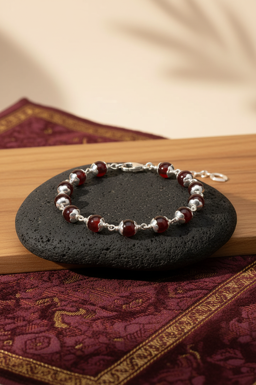 Natural Red Carnelian 925 Silver Flower Caps Bracelet – 8mm Gemstone Bracelet