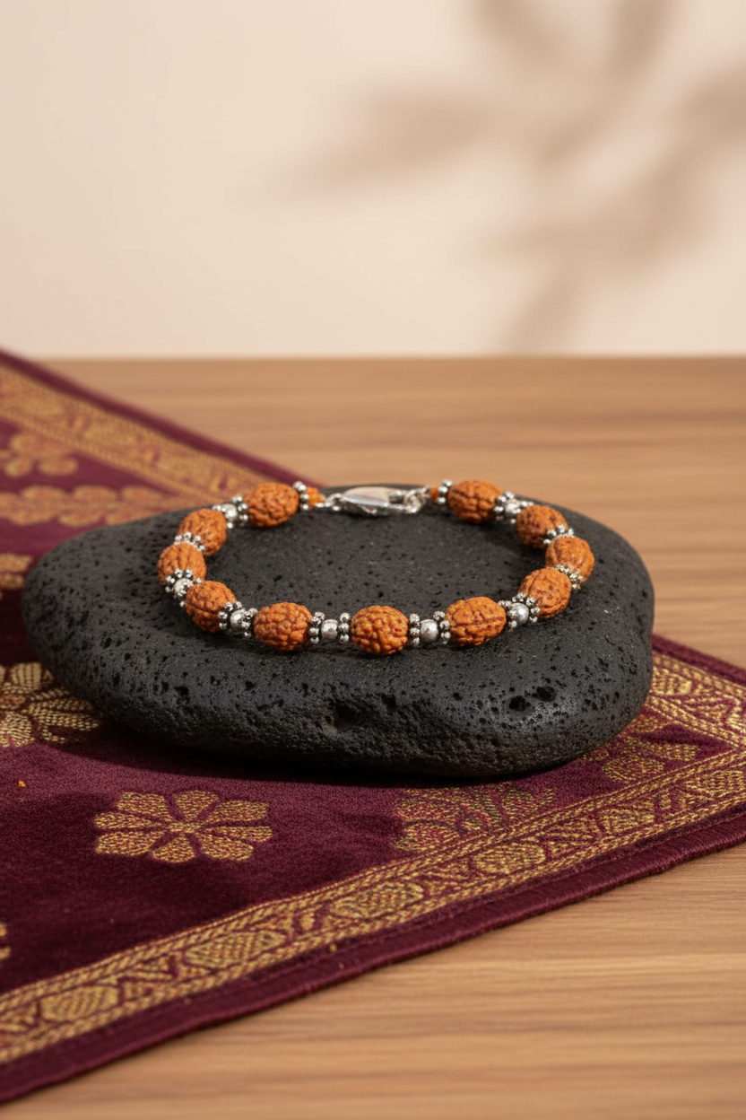 Mani Monk Moon Rudraksha Bracelet with Silver Balls & Chakri – 10 mm