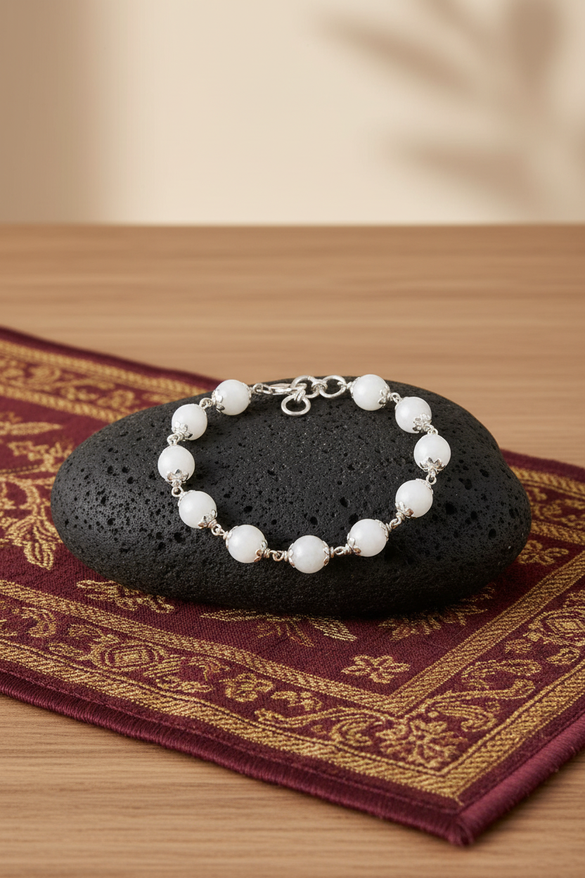 Natural White Agate Silver Flower Caps Bracelet | Healing & Meditation Gemstone Bracelet