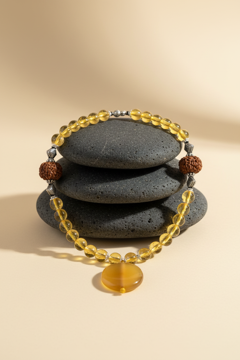 12 Mukhi Rudraksha & Yellow Citrine Mala-Bracelet Set | Sun Energy & Prosperity