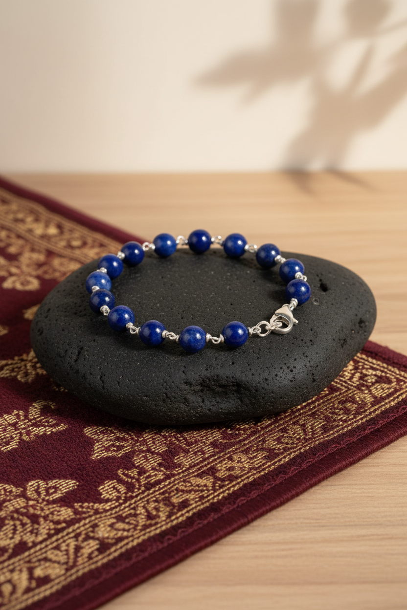 Natural Lapis Lazuli 925 Silver Wire Bracelet | 8mm Healing Gemstone Bracelet
