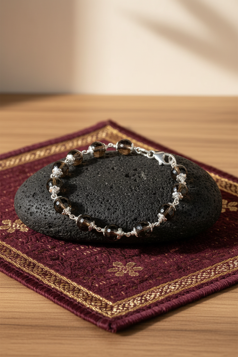 Natural Faceted Smoky Quartz Bracelet with 925 Silver Flower Caps | Healing & Meditation Gemstone Bracelet