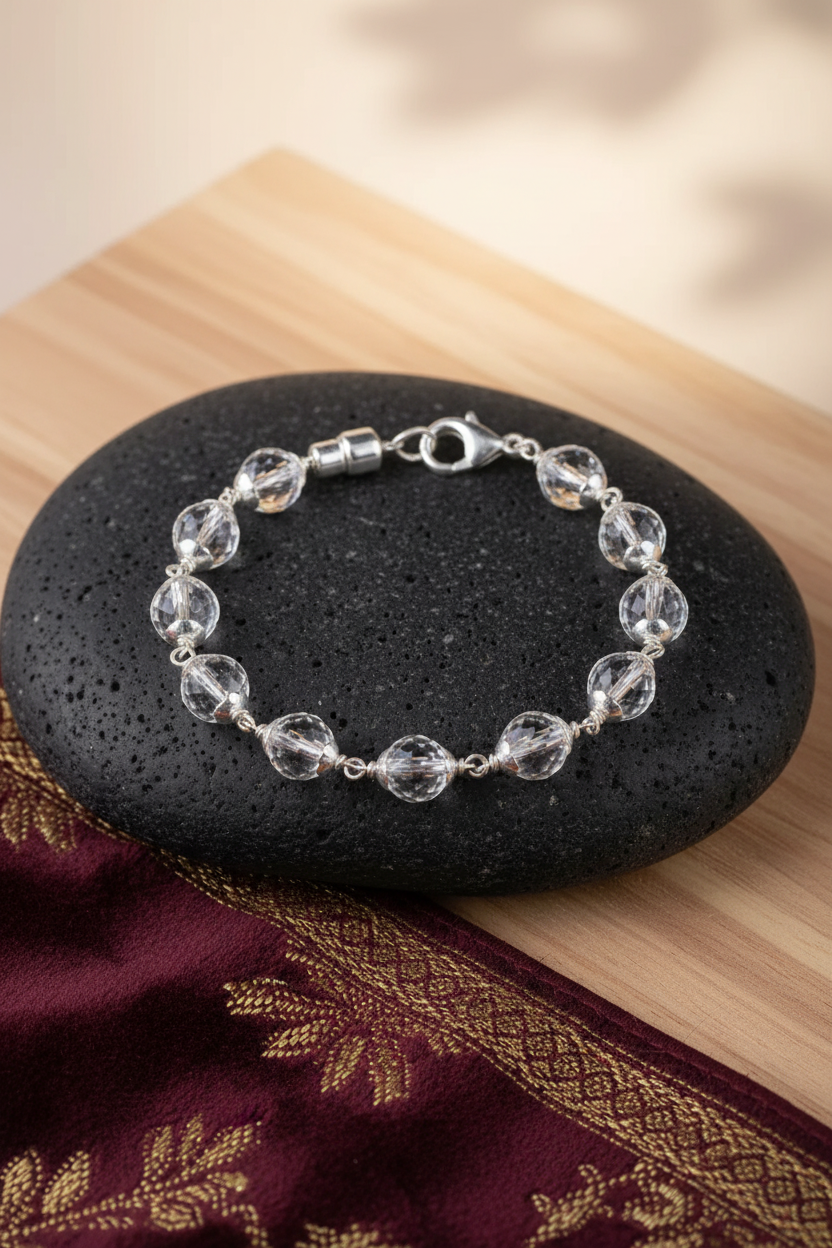 Mani Monk Crystal Energy Faceted Sphatik Bracelet with Silver Caps & Hook – 8 mm