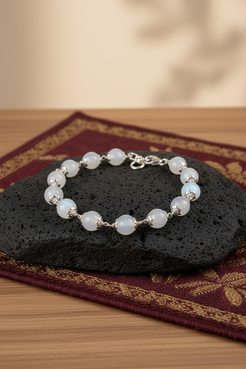Natural Moonstone Bracelet with Silver Flower Caps – 10mm Gemstone Bracelet for Healing, Meditation & Positive Energy