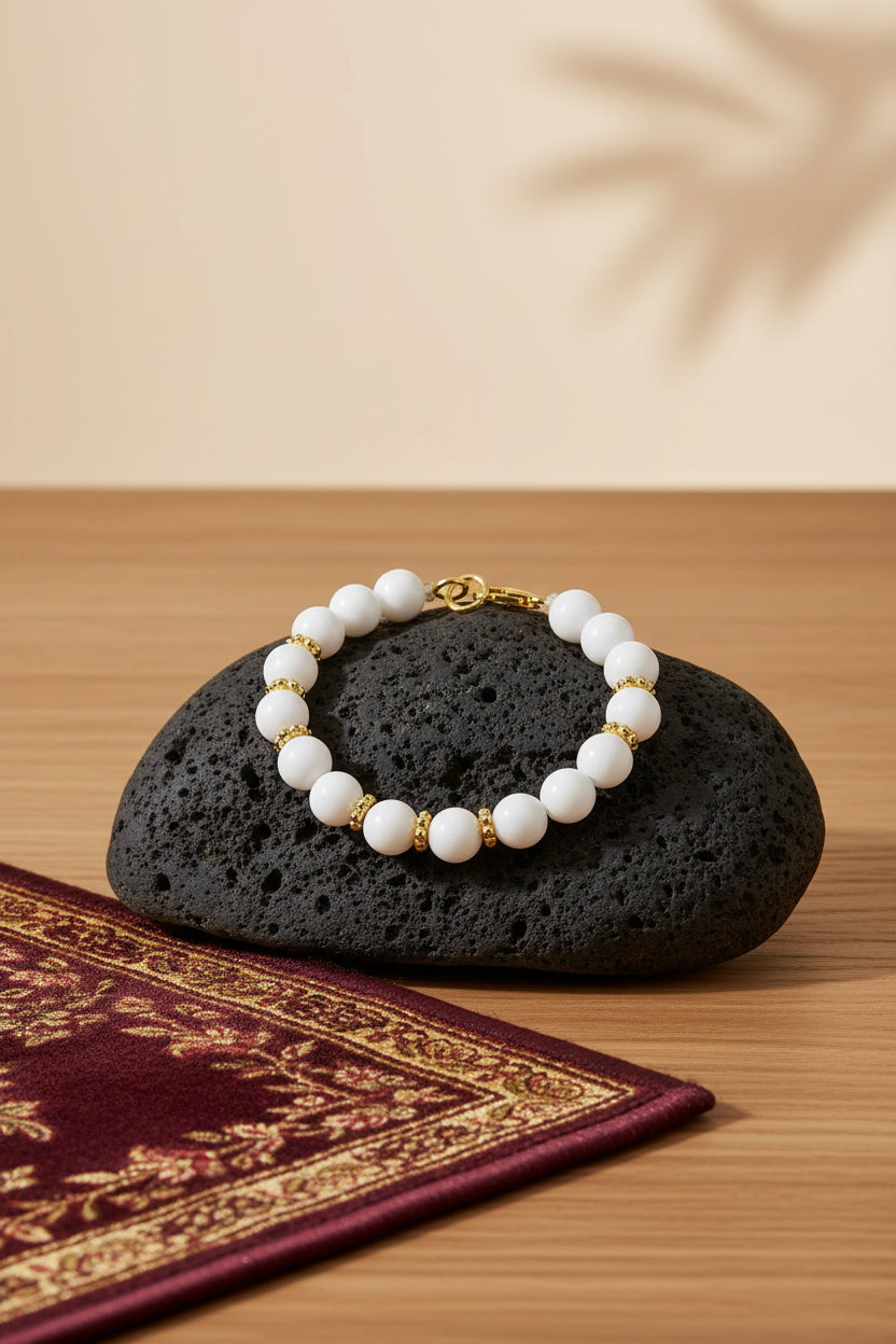 Natural White Agate Bracelet with Gold Polish Chakri & Hook | Healing & Meditation Gemstone Bracelet