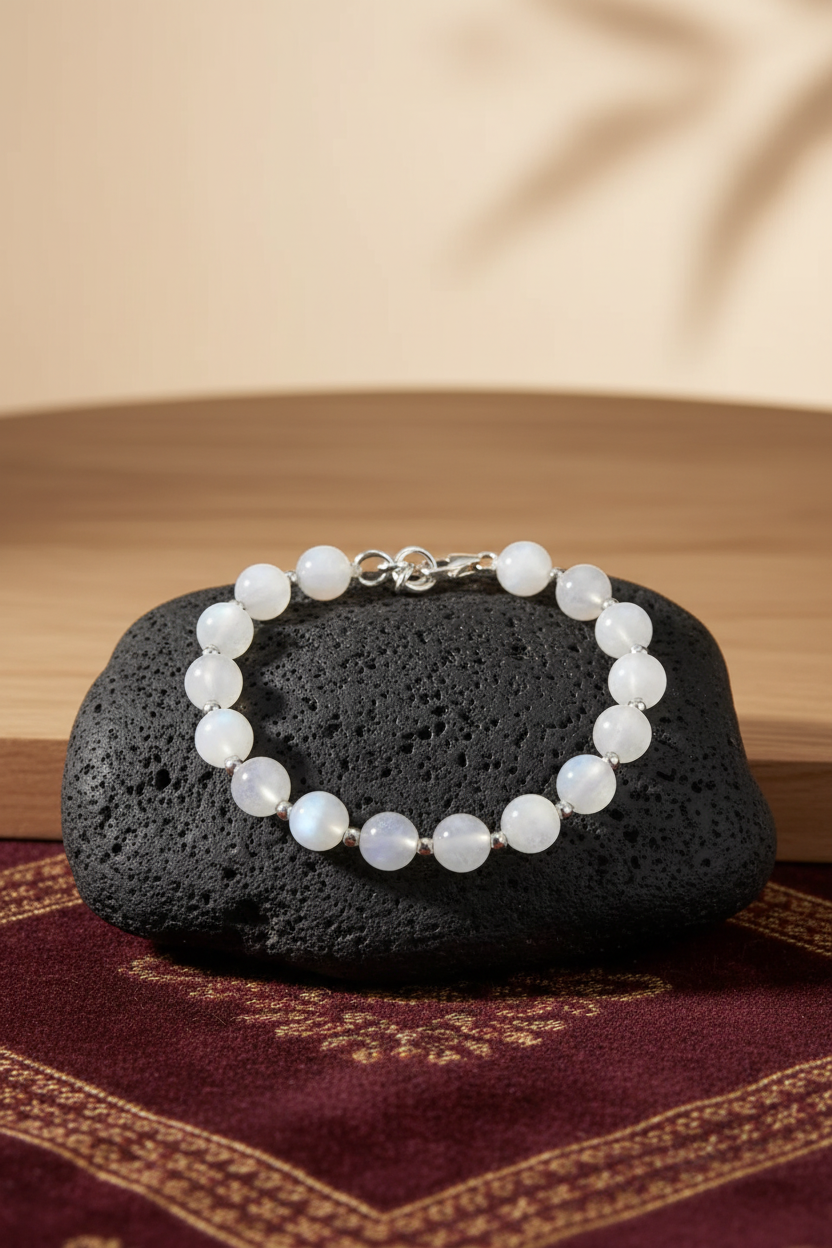 Natural Moonstone Silver Ball Bracelet | 8mm Healing & Meditation Gemstone Bracelet