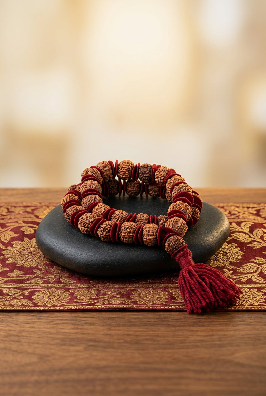 15 Mukhi Nepali Rudraksha Woolen Spacers Kantha Mala - ManiMonk