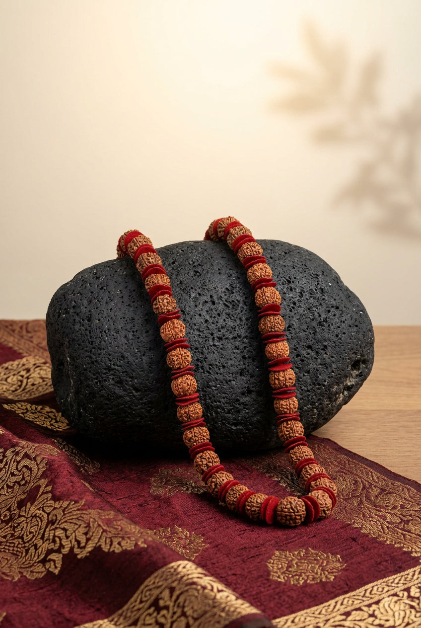 15 Mukhi Nepali Rudraksha Woolen Spacers Kantha Mala - ManiMonk