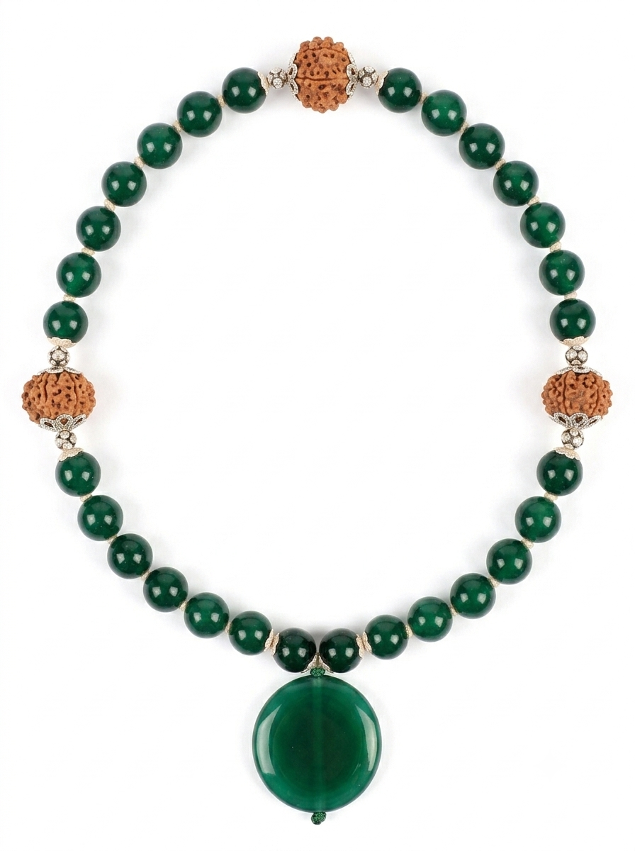 15 Mukhi Rudraksha & Green Onyx Mala and Bracelet Set | Pashupatinath Blessing