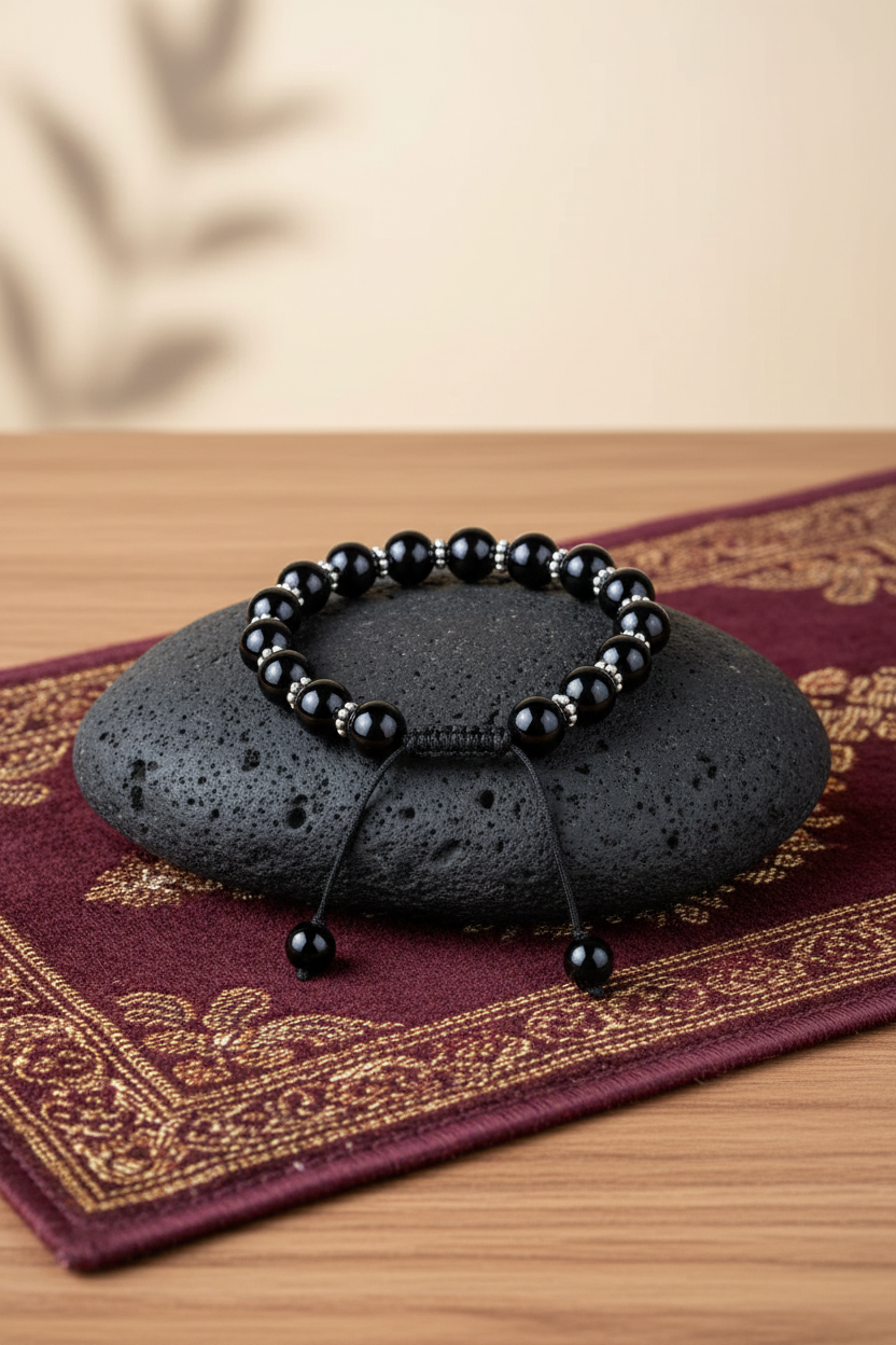 Natural Black Tourmaline 925 Silver Chakri Adjustable Bracelet | 8mm Healing Gemstone Bracelet