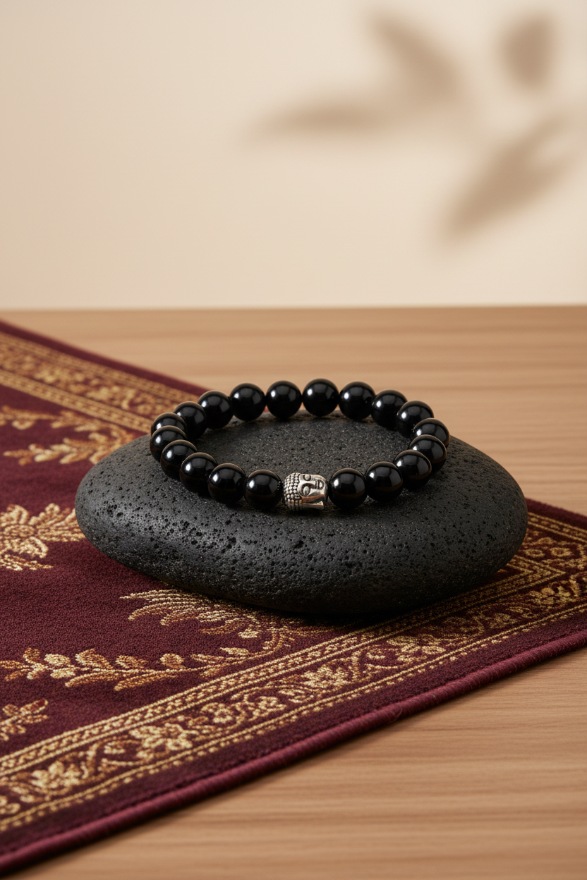 Natural Black Agate Buddha Bracelet | Healing & Meditation Gemstone Bracelet