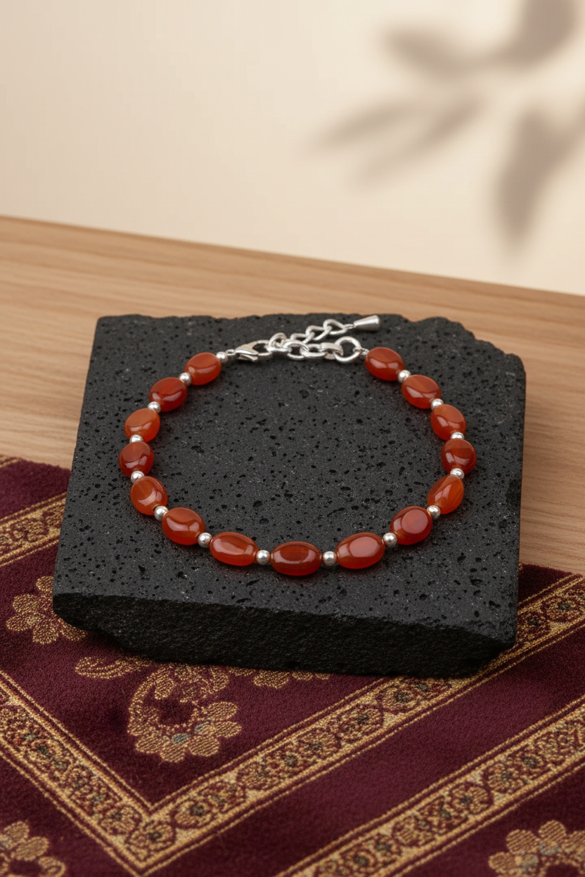 Natural Red Carnelian Flat Oval Beads & German Silver Ball Bracelet | Healing & Meditation Gemstone Bracelet