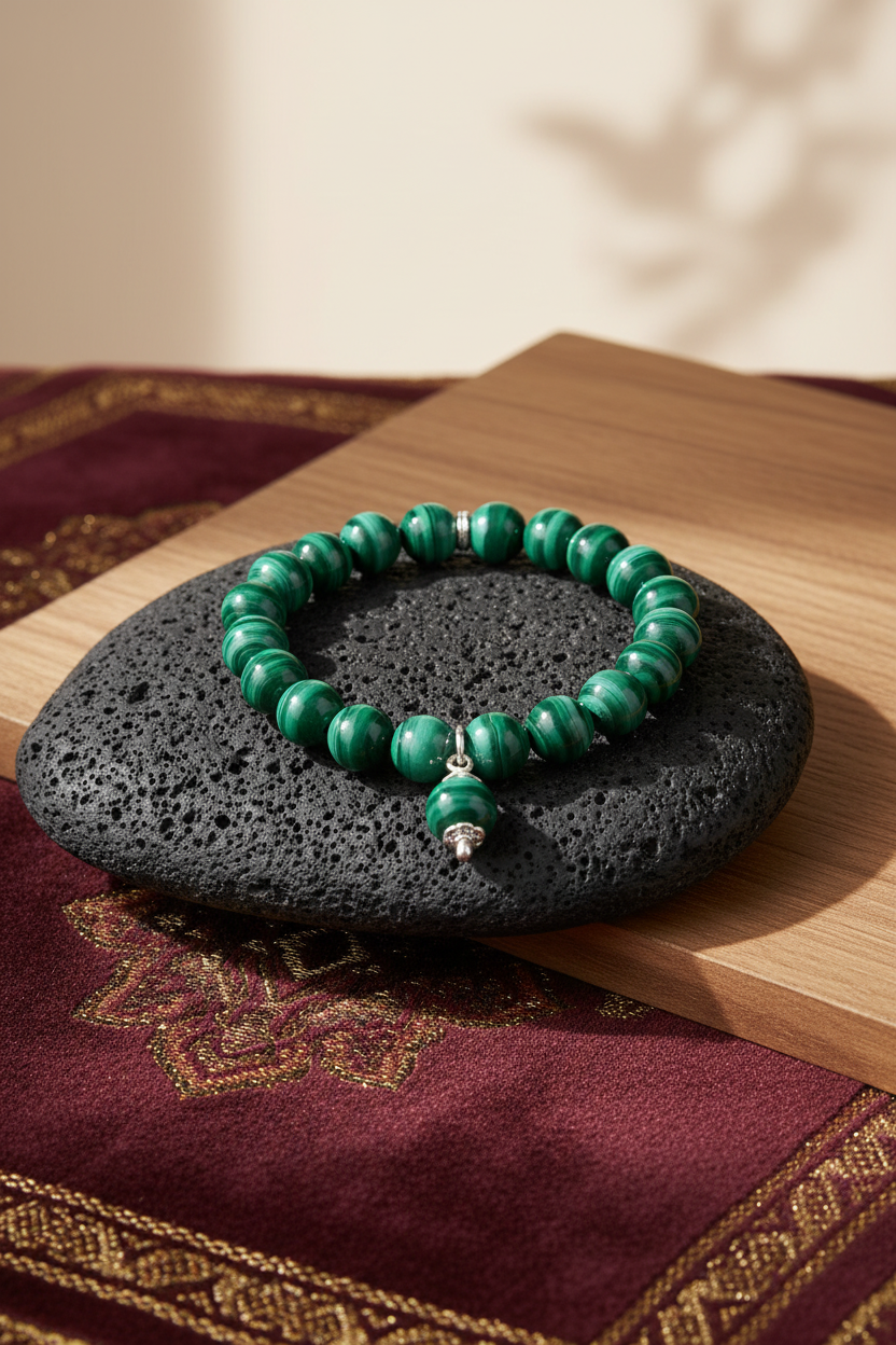 Natural Malachite Sumeru Trinklet Bracelet | 8 mm Gemstone Bracelet for Healing & Meditation