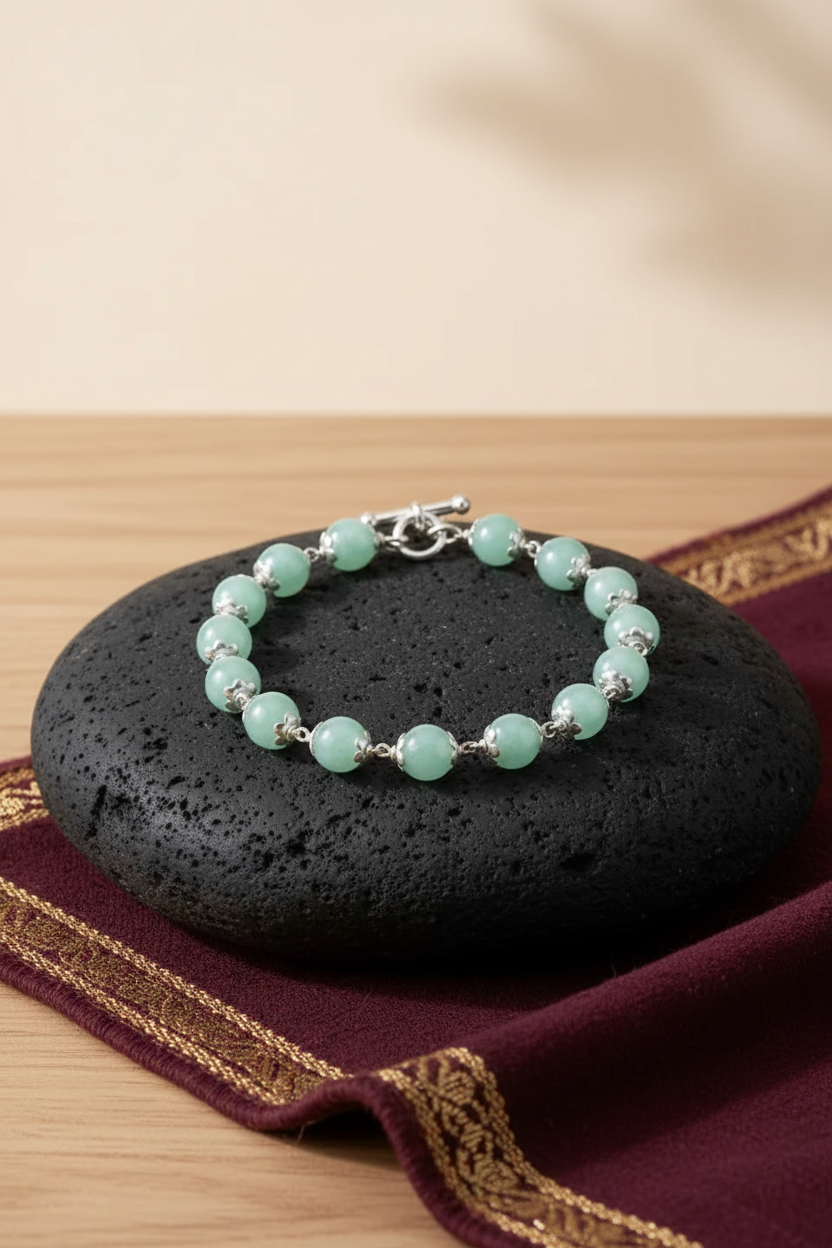 Natural Amazonite Bracelet with Silver Flower Caps | 10mm Gemstone Bracelet