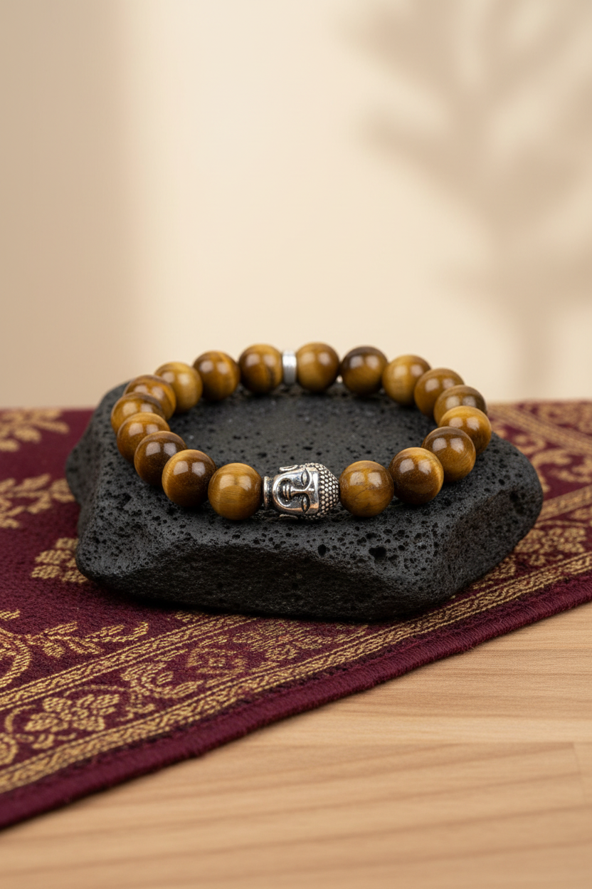 Natural Brown Cat's Eye Buddha Charm Bracelet | 8mm Gemstone Bracelet for Healing & Meditation
