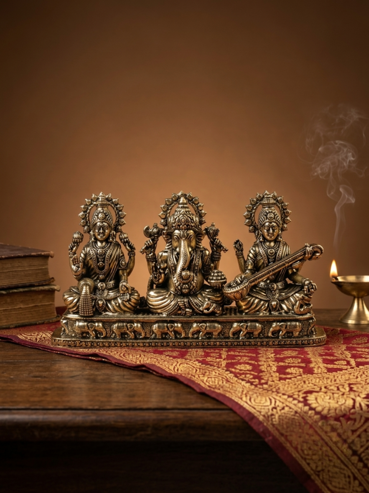 Lakshmi Ganesh Saraswati on Pedestal Ashtadhatu Idol Energised Divine Trio Murti