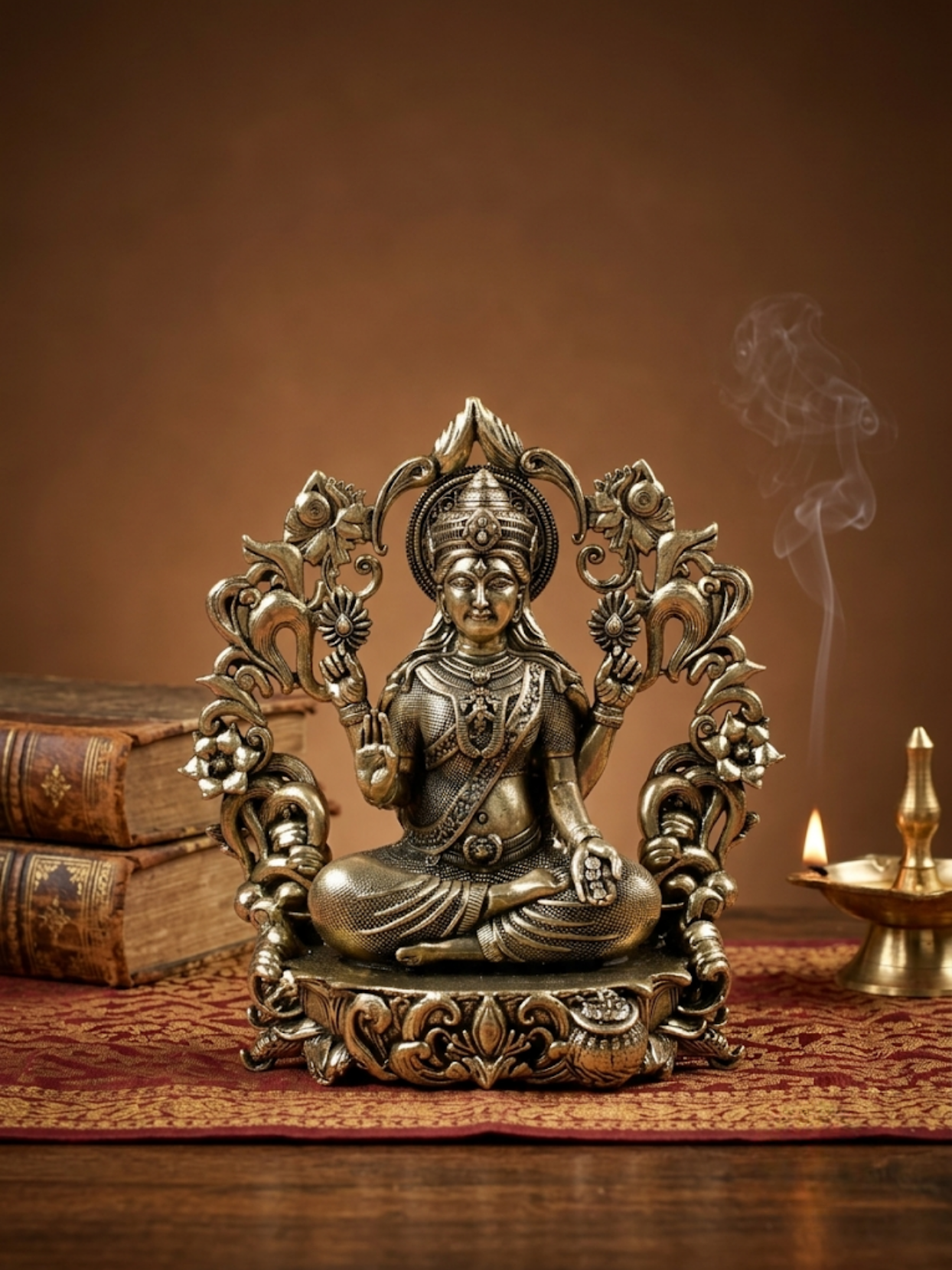 Goddess Lakshmi with Floral Frame Ashtadhatu Idol Energised Lakshmi Murti