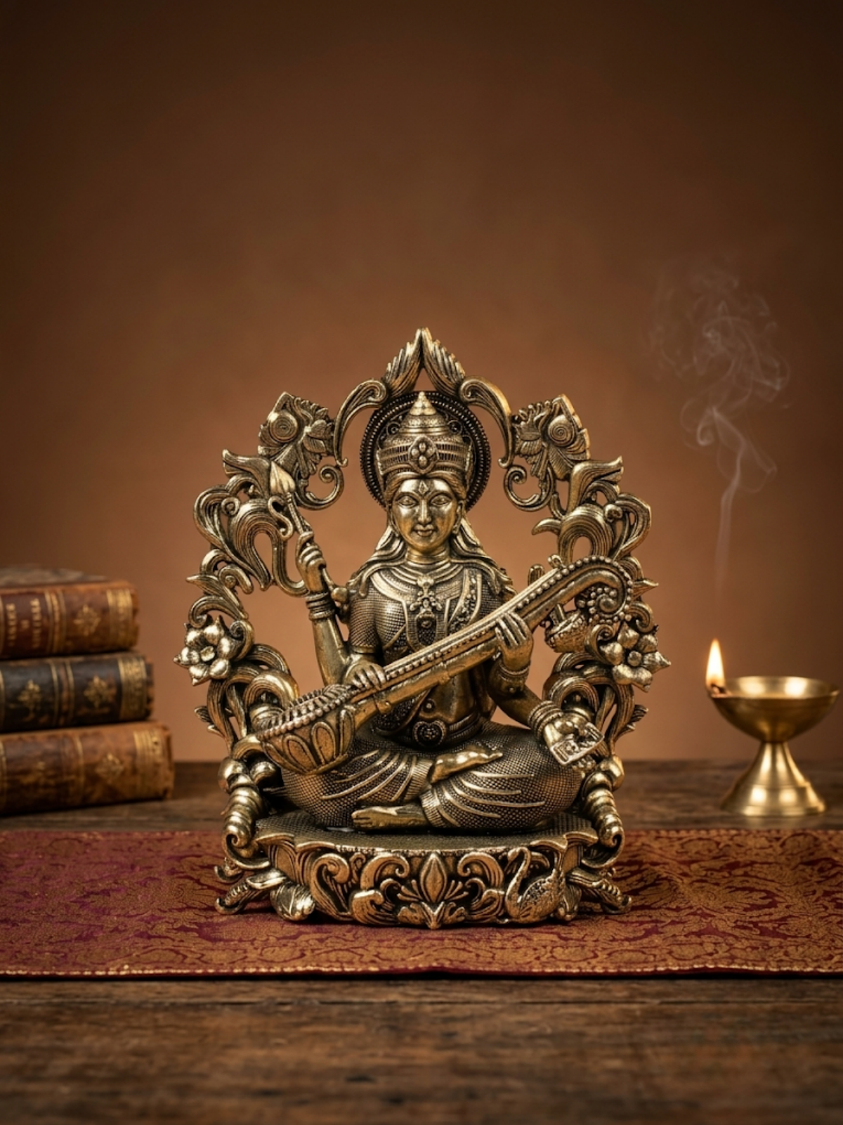 Goddess Saraswati with Floral Frame Ashtadhatu Idol Energised Saraswati Murti