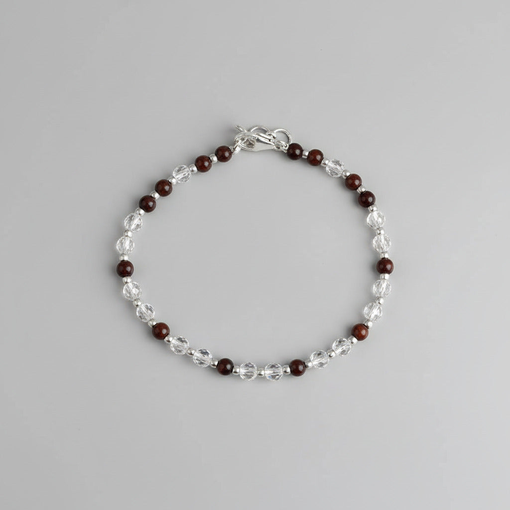 Round Faceted Sphatik & Red Sandalwood Bracelet with Silver Balls & Hook-4 mm