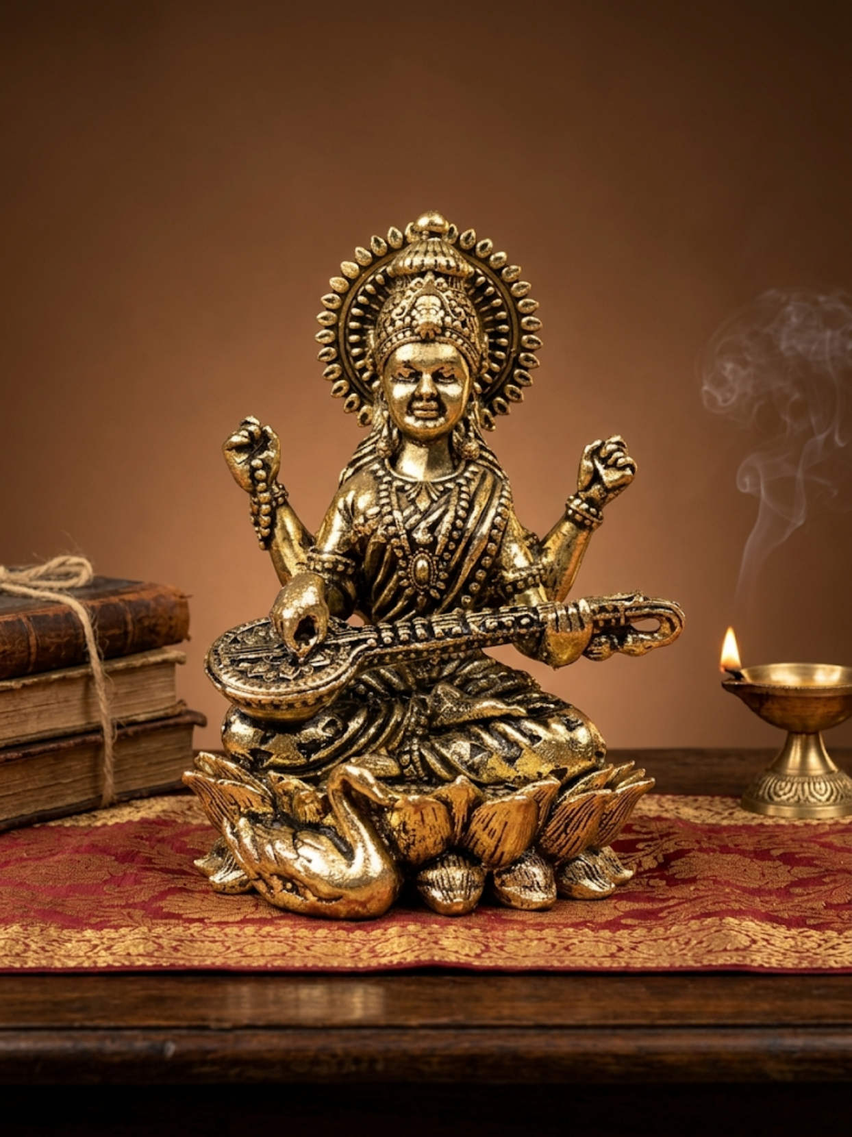 Saraswati on Lotus Ashtadhatu Idol Energised Goddess of Knowledge Murti