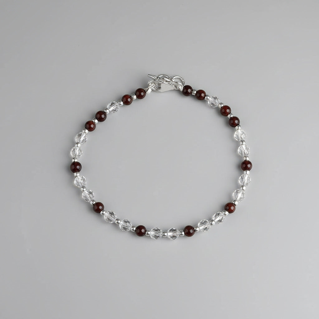Round Faceted Sphatik & Red Sandalwood Bracelet with Silver Balls & Hook-8 mm