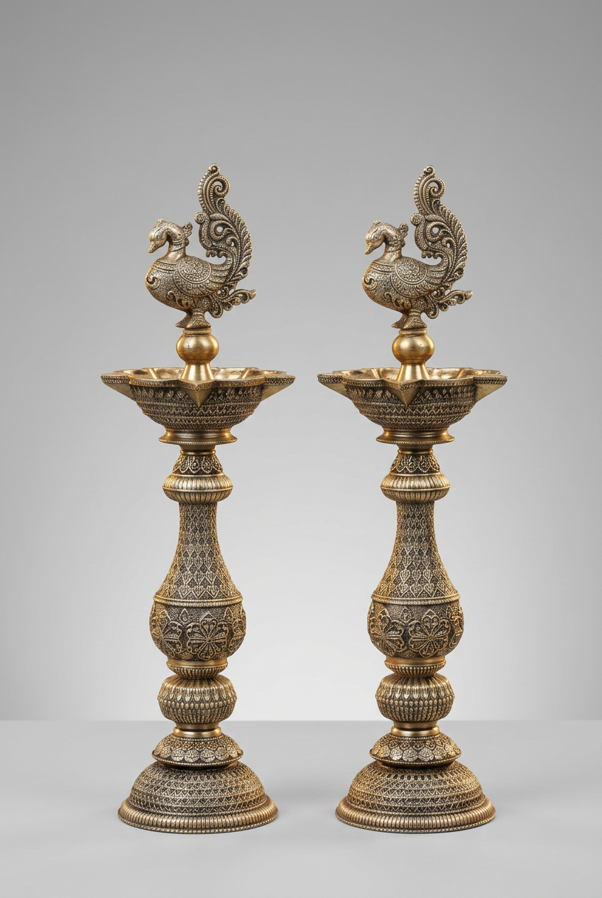 Ashtadhatu Peacock Samai Oil Lamp Set of 2