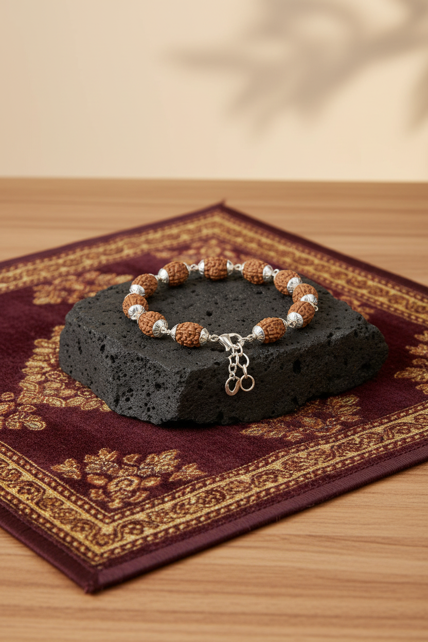 Mani Monk Premium 2 Mukhi Rudraksha Flower Cap Bracelet in German Silver