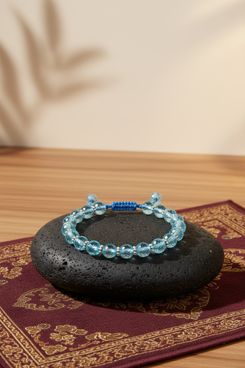 Natural Faceted Blue Topaz 925 Silver Chakri Adjustable Bracelet | 10mm Healing Gemstone Bracelet