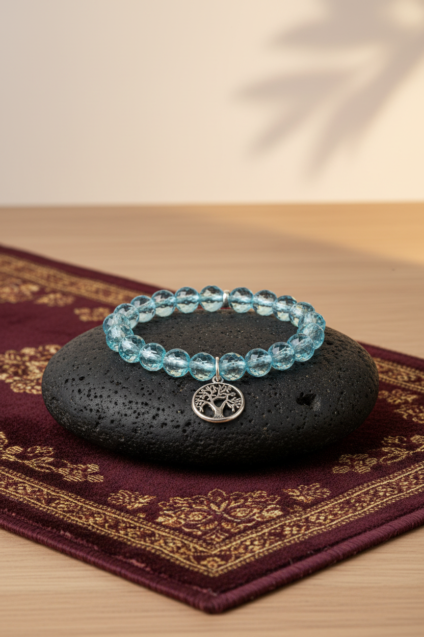 Natural Faceted Blue Topaz Tree of Life Bracelet | 10mm Healing Gemstone Bracelet