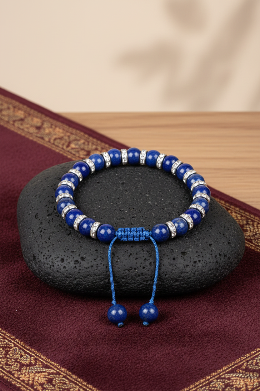 Natural Lapis Lazuli German Silver Diamond Chakri Adjustable Bracelet | 8mm Healing Gemstone Bracelet