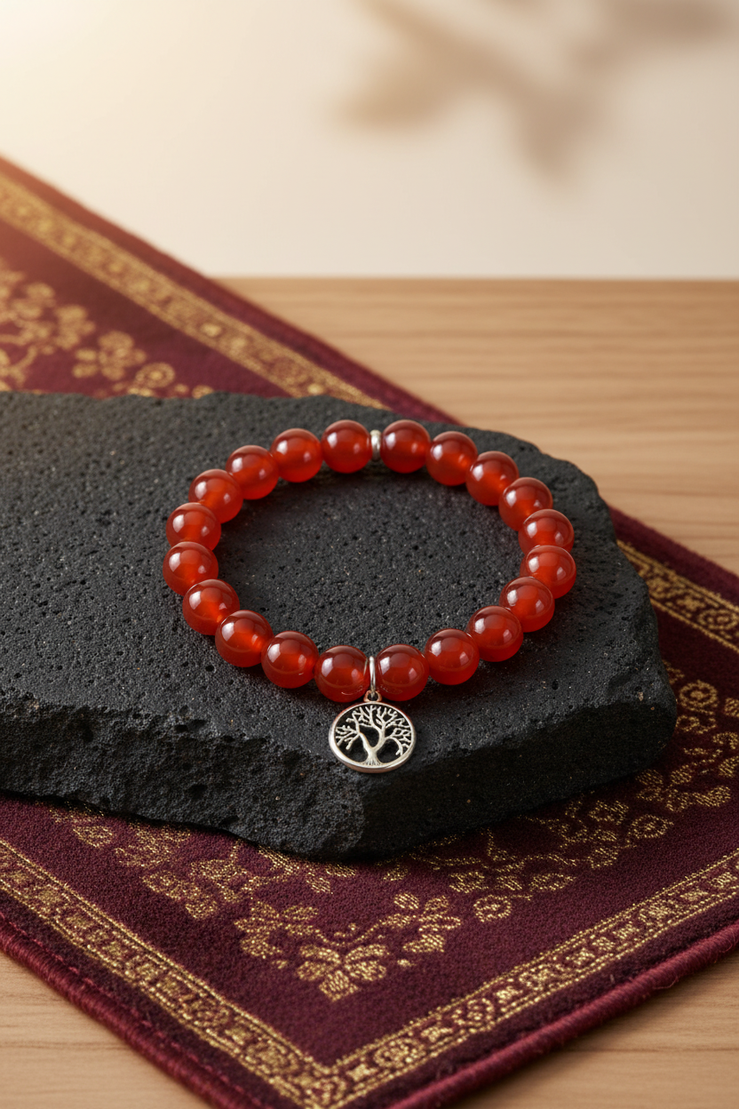 Natural Red Carnelian Tree of Life Bracelet | 10mm Gemstone Bracelet for Healing & Meditation